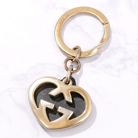 GUCCI Heart Motif Keyring Black Leather & Gold MetaGold Keychain or Bag Charm - Picture 1 of 11